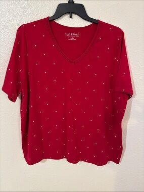 Catherines Red V-Neck Short Sleeve Top with White Stars Size 2X